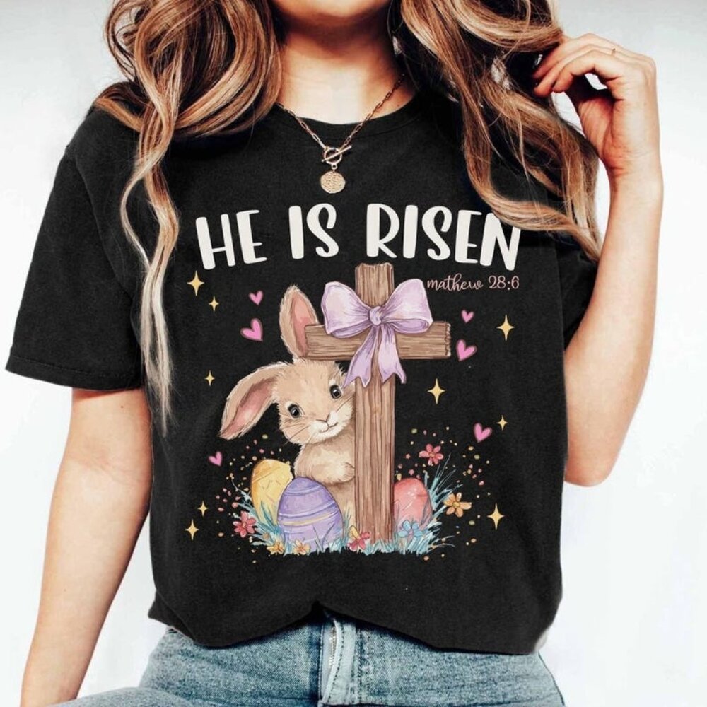 He Is Risen Easter T-Shirt, Christian Bunny Cross Graphic Tee